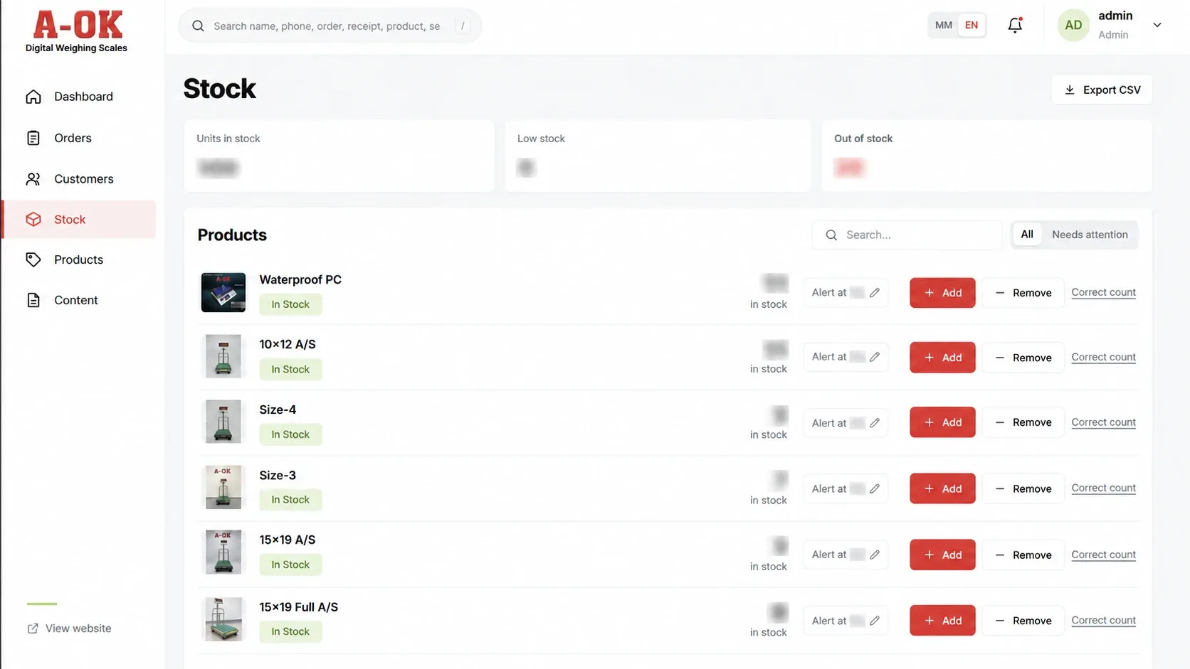Stock: Add, remove or correct stock, with a low-stock alert for each product. Customer details, order numbers, stock counts and revenue obscured.