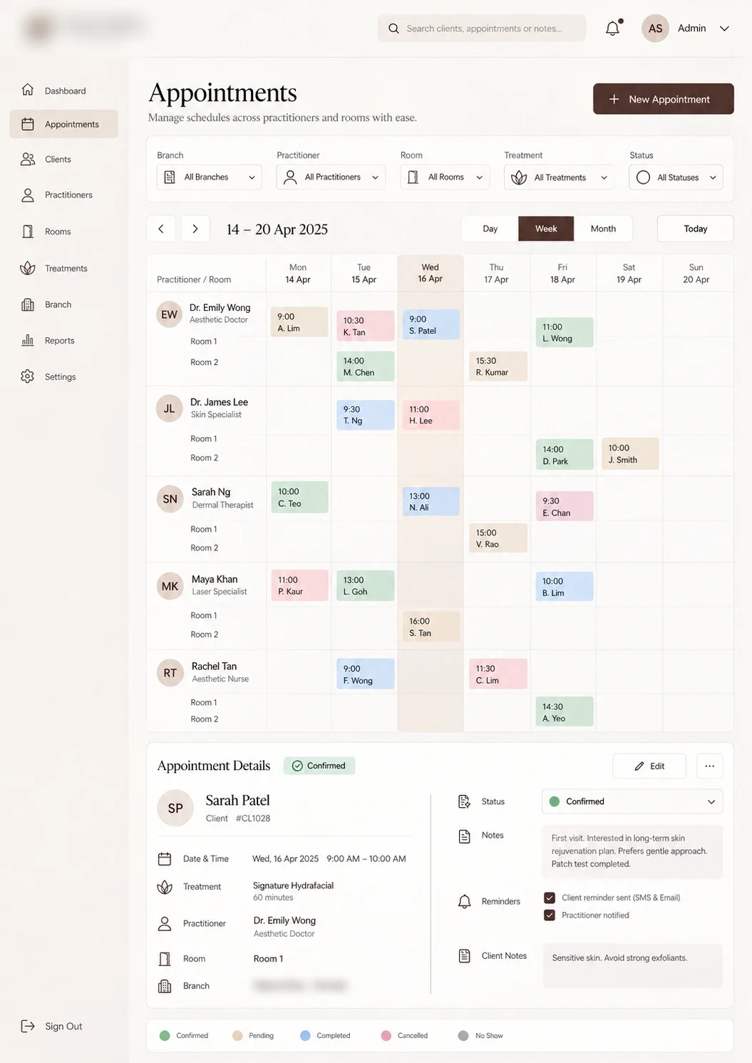 Appointment Calendar: A weekly schedule by practitioner and room, with notes and reminders. Clinic name, logo and contact details obscured.