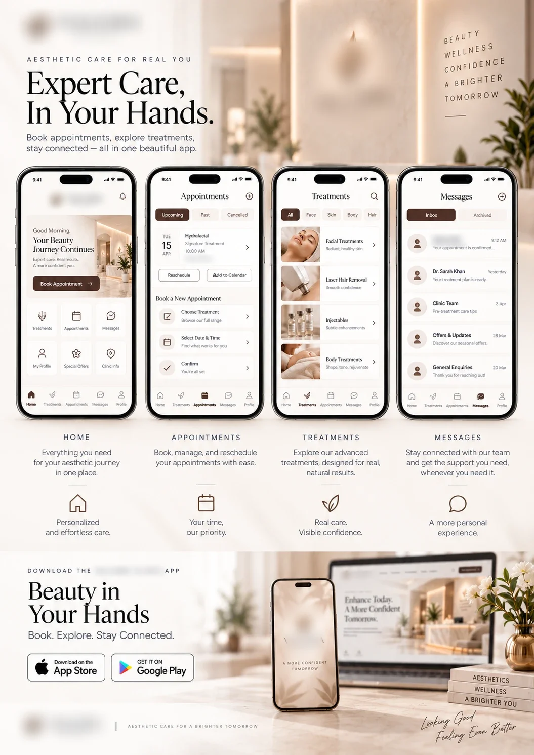 Mobile App: The iOS and Android app for booking, treatments and messages. Clinic name, logo and contact details obscured.