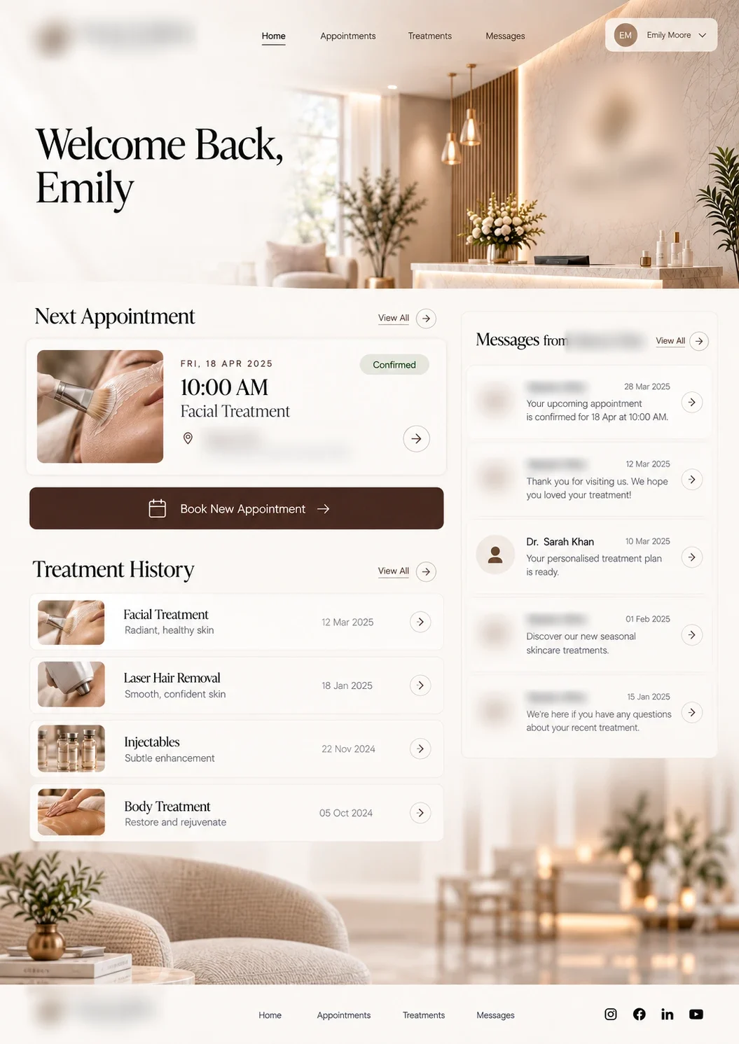 Client Portal: Clients sign in to see upcoming appointments, past treatments and messages. Clinic name, logo and contact details obscured.
