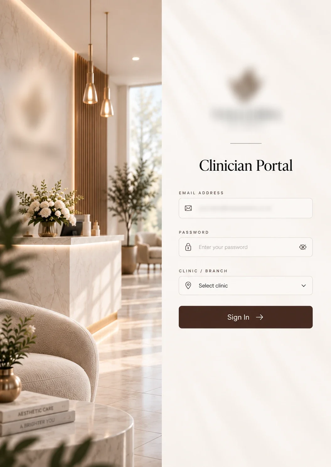 Clinician Login: Clinicians and staff sign in to their own portal by clinic branch. Clinic name, logo and contact details obscured.