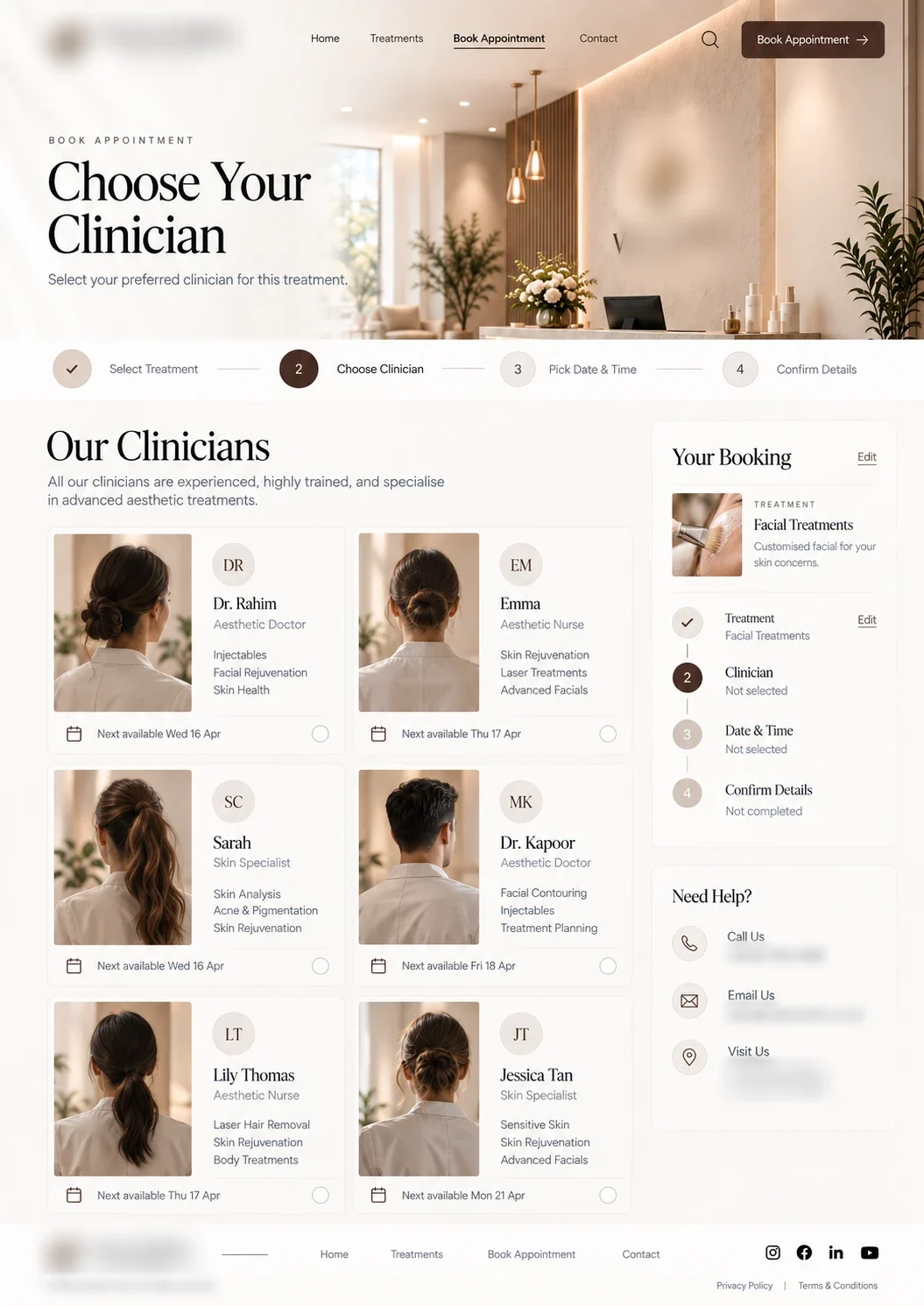 2 · Choose Clinician: They pick a clinician and see when each one is next available. Clinic name, logo and contact details obscured.