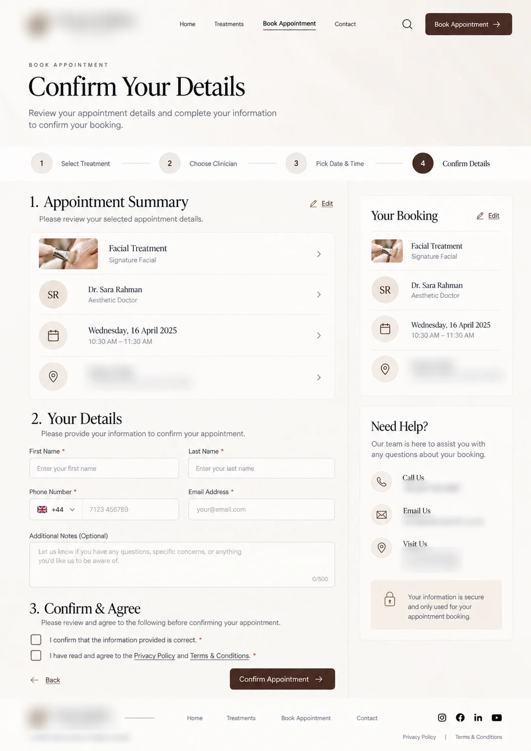 4 · Confirm Details: Clients review the booking, add their details and confirm. Clinic name, logo and contact details obscured.