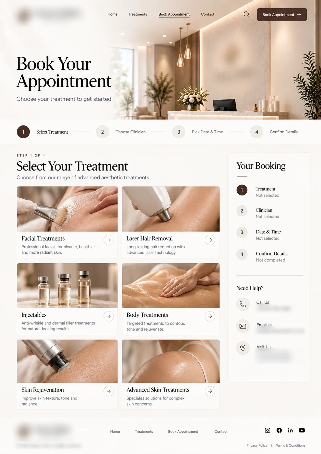 1 · Choose Treatment: Clients start booking by choosing a treatment. Clinic name, logo and contact details obscured.