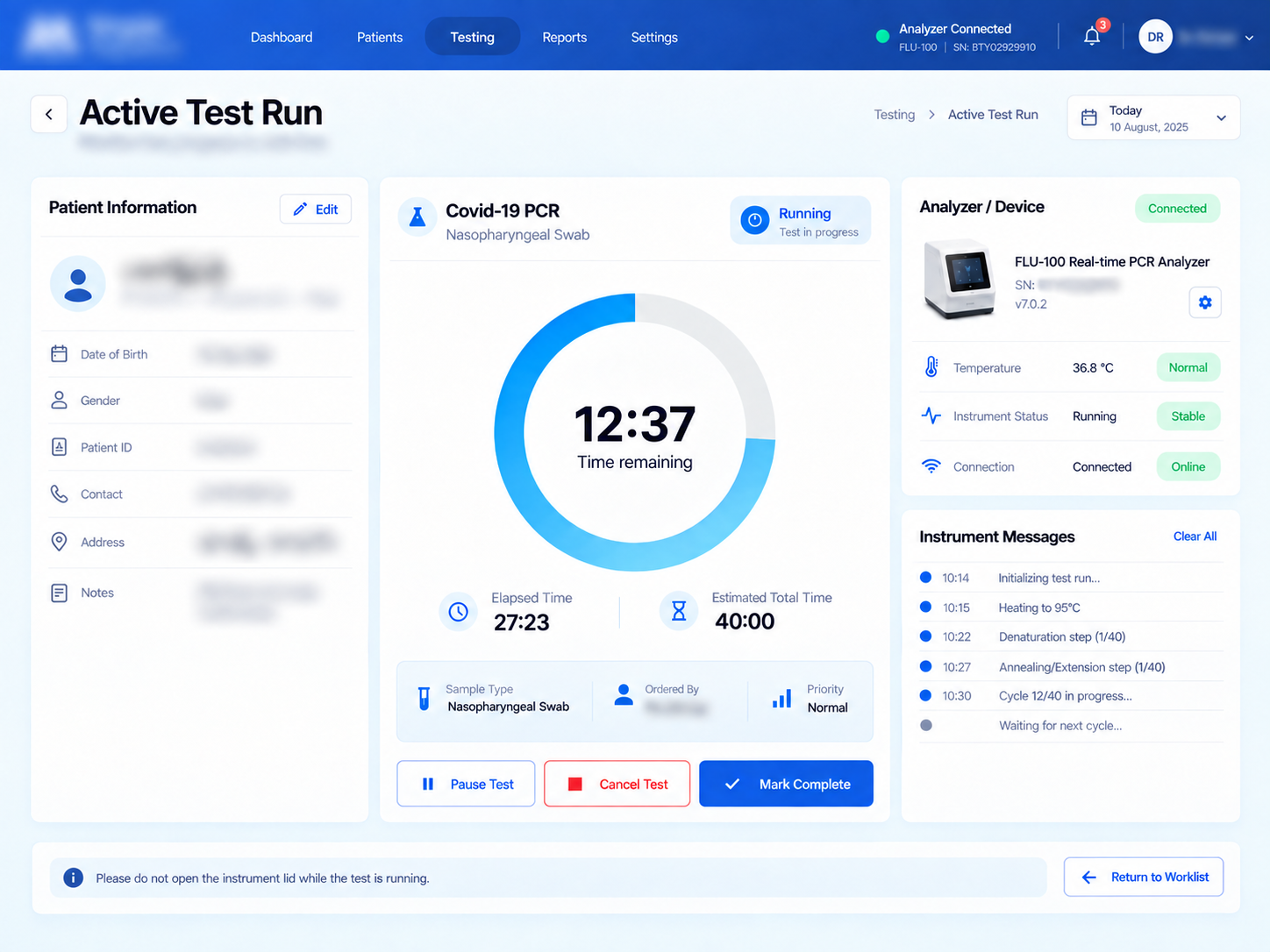 Active Test Run: Follow the analyzer, cycle progress and device status live. Private information and page subtitles obscured.