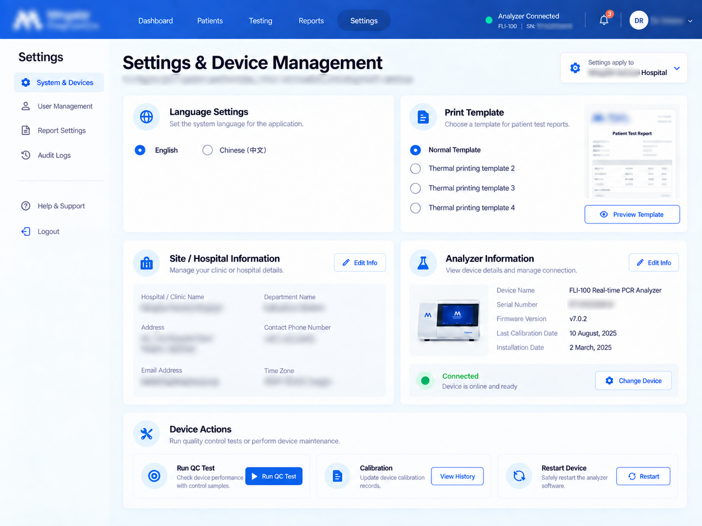 Device Settings: Manage the connected analyzer, calibration and report setup. Private information and page subtitles obscured.