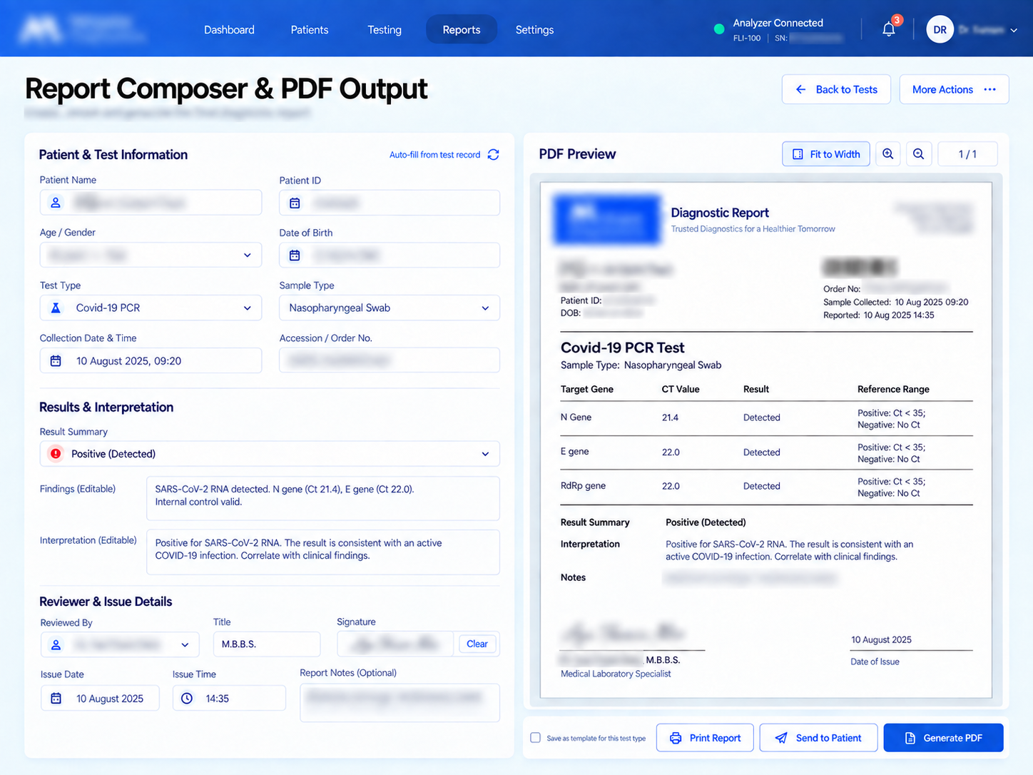 Report & PDF: Prepare the final report and send or print the PDF. Private information and page subtitles obscured.