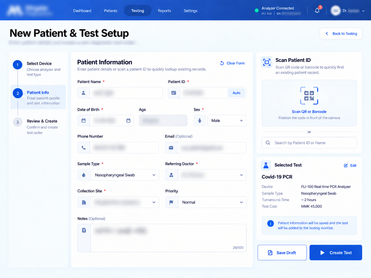 Patient & Test Setup: Add a patient, choose the PCR test and prepare the order. Private information and page subtitles obscured.