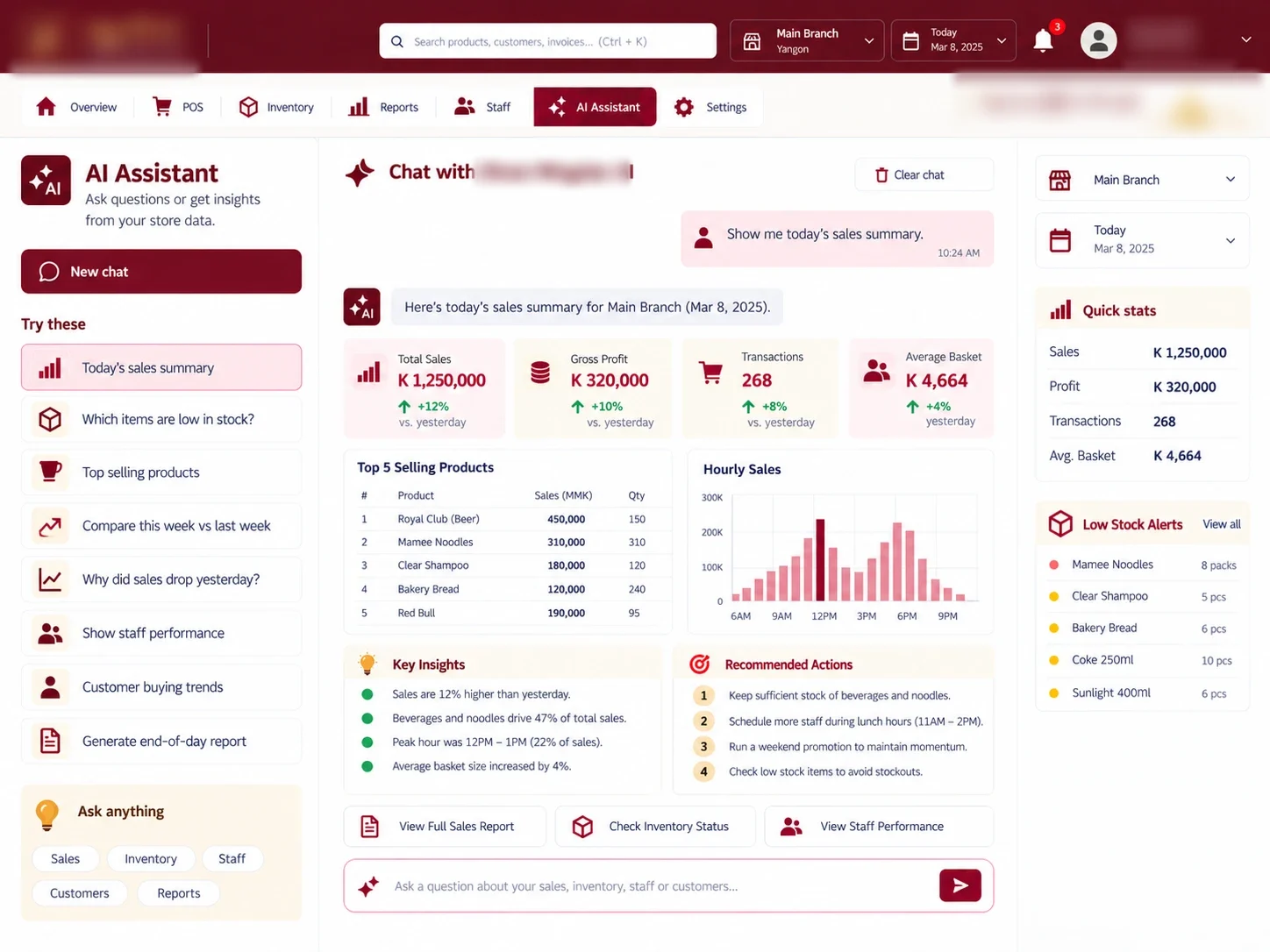 AI Assistant: Ask about sales, stock or staff and get answers from the store’s data. Business names, staff and customer details obscured.