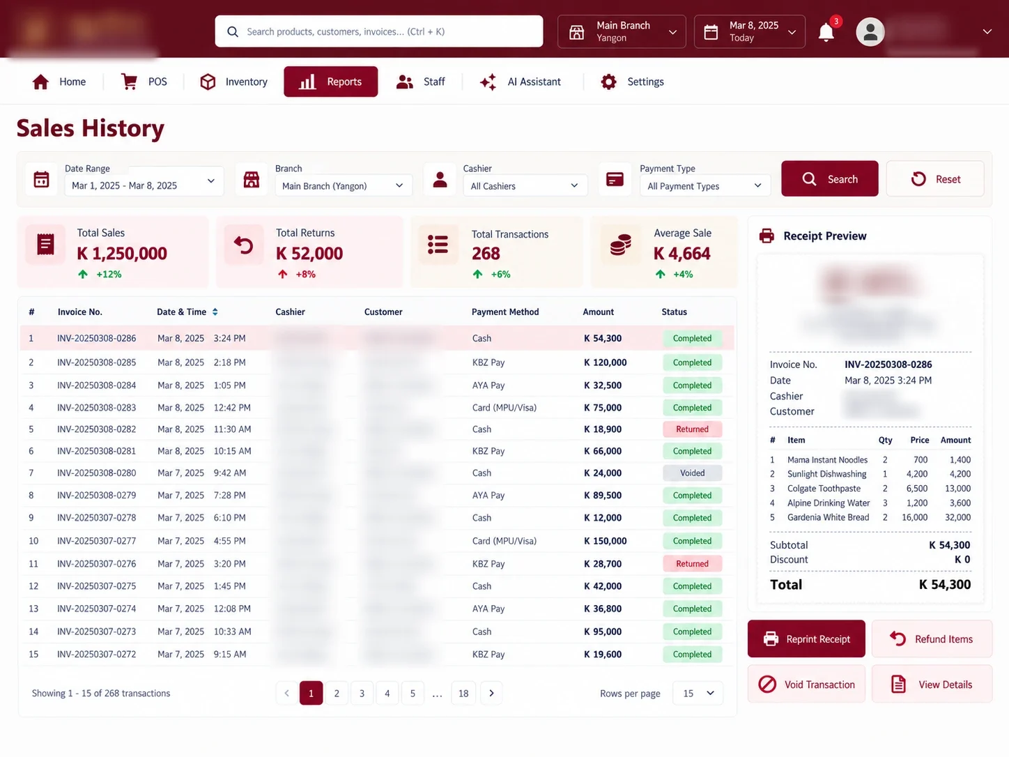 Sales History: Find any sale, reprint the receipt, refund items or void a transaction. Business names, staff and customer details obscured.