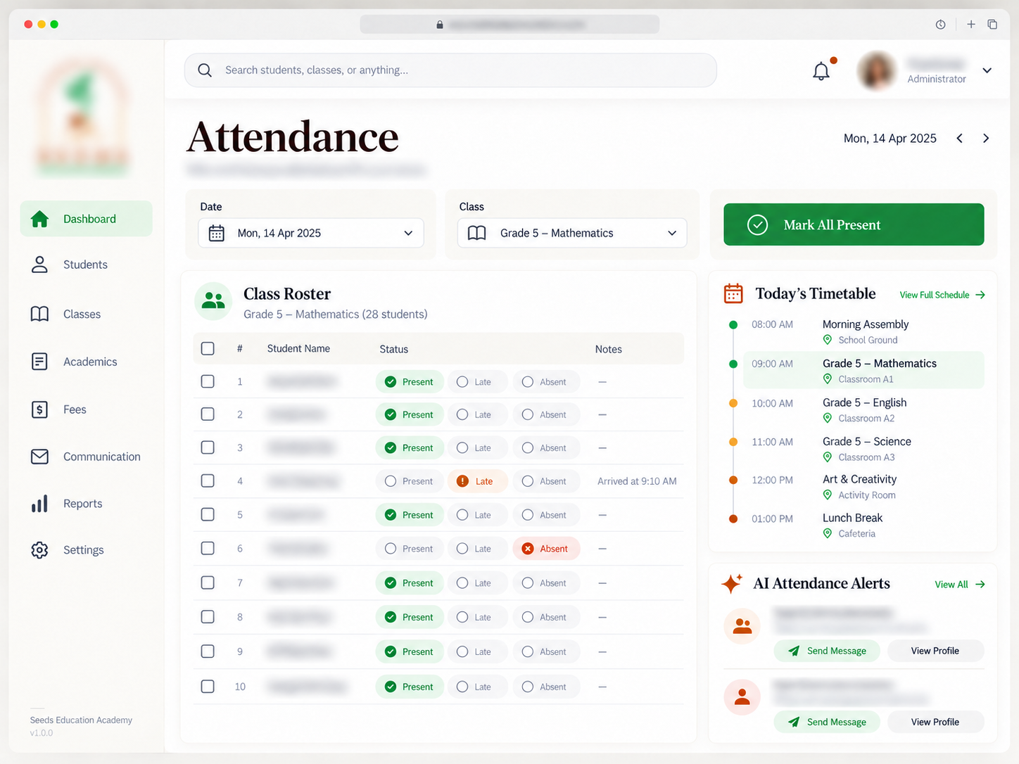 Attendance: Take attendance, spot patterns and follow up quickly. Private information and page subtitles obscured.