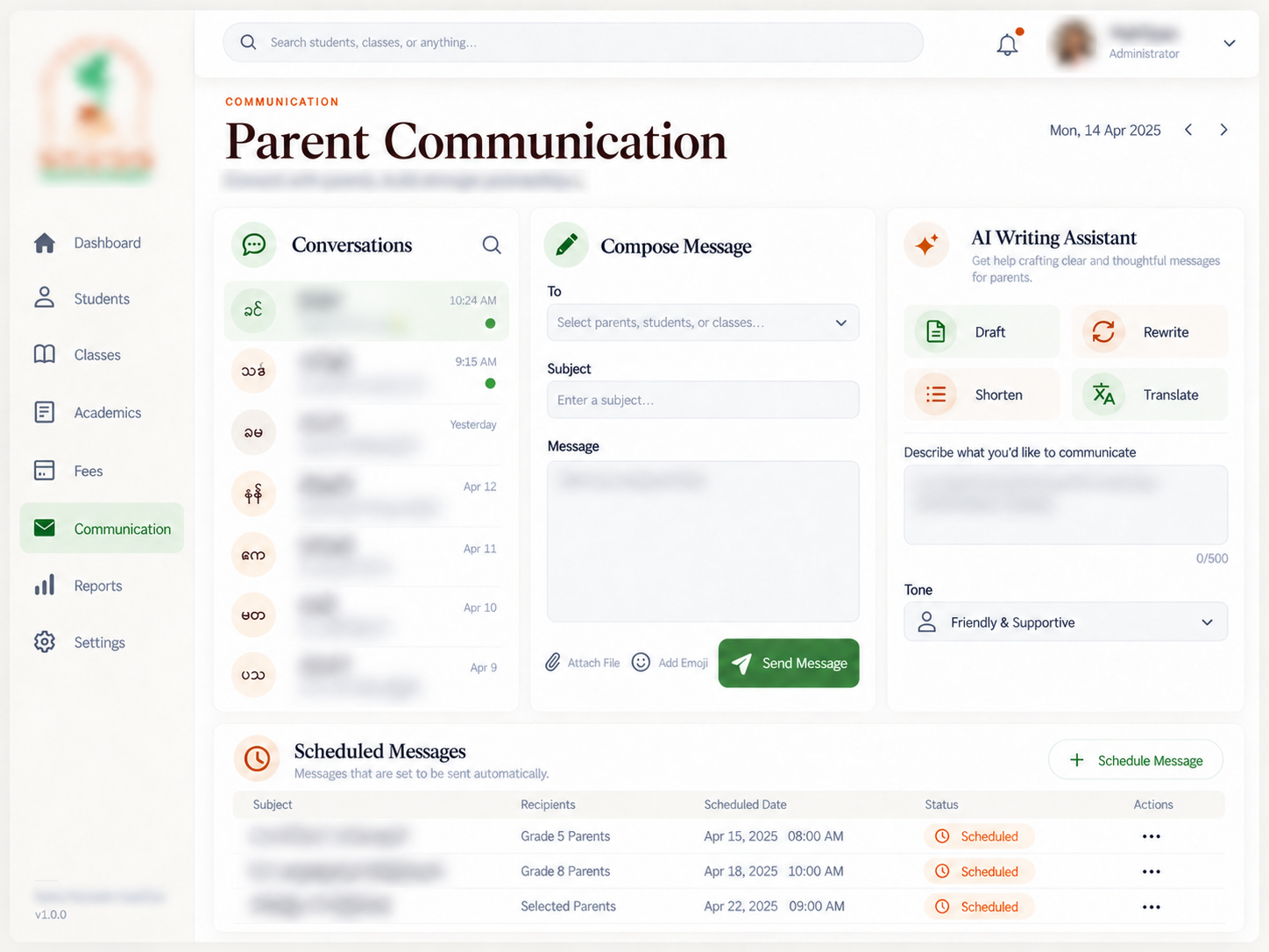 Parent Communication: Write, schedule and translate messages for parents. Private information and page subtitles obscured.