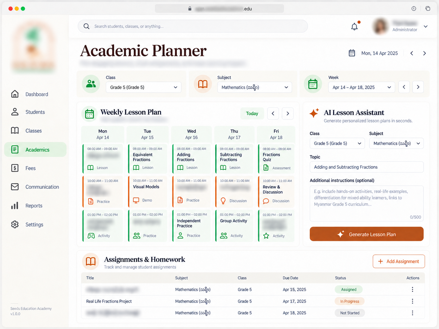 Academic Planner: Plan lessons and assignments with help from AI. Private information and page subtitles obscured.