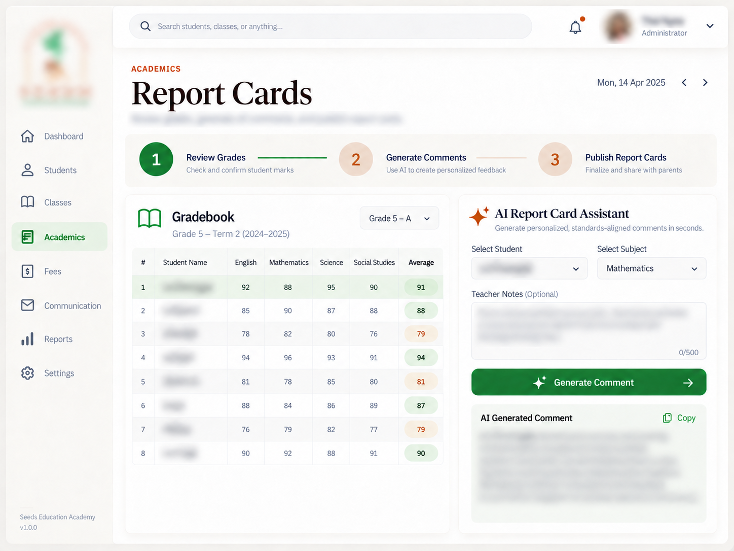 Report Cards + AI: Review grades and create report-card comments with AI. Private information and page subtitles obscured.