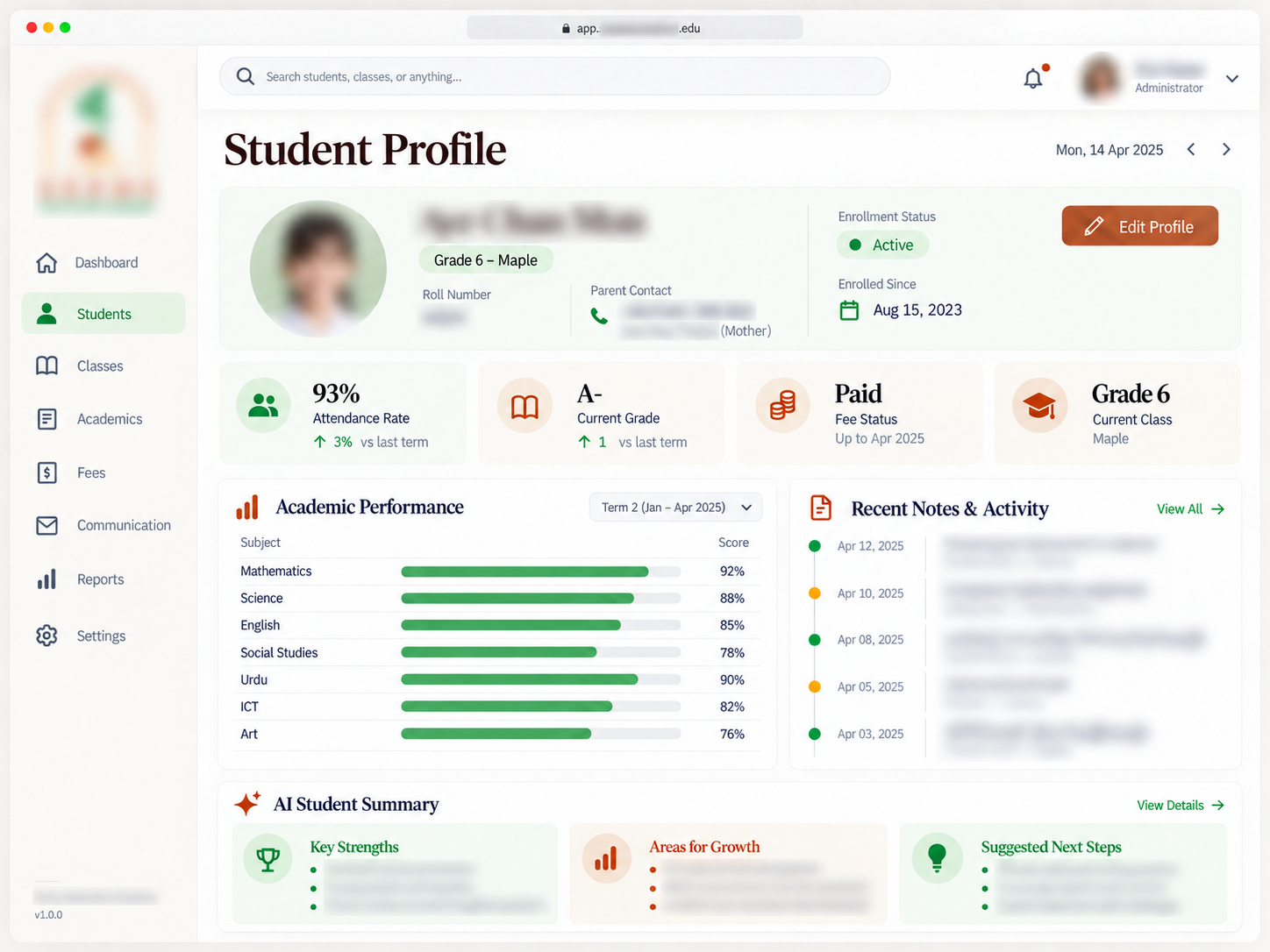 Students: Each student’s grades, attendance, fees and notes in one record. Private information and page subtitles obscured.